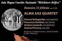 Alma Sax Quartet, quartetto di sassofoni composto da Simone Bellagamba, Francesco Desideri, Andrea Leonardi e Andrea Piccione, rispettivamente al sax soprano, sax tenore, sax baritono e sax contralto.